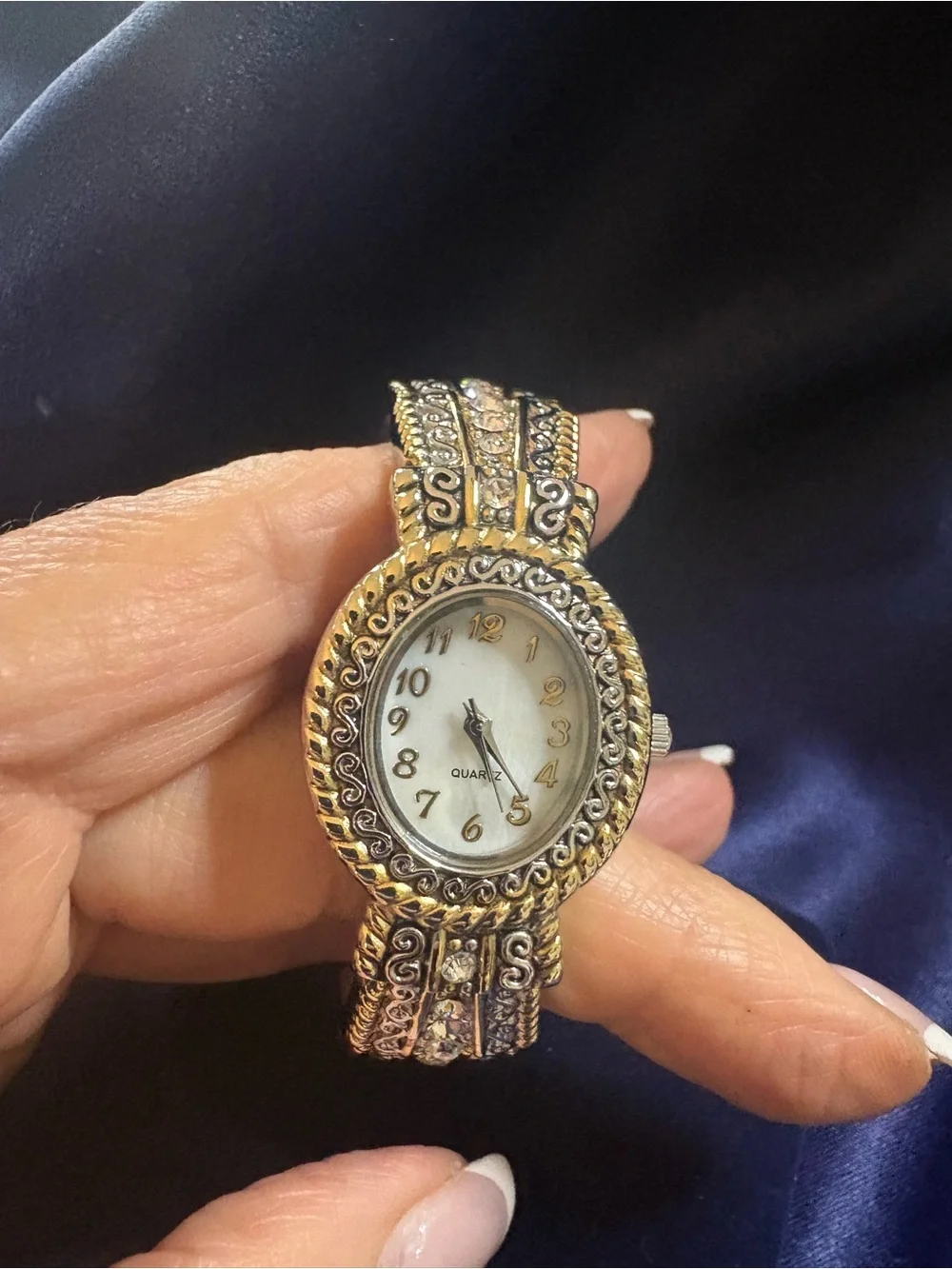 Watch Gold & Silver Tone Ornate Rhinestone Accent Quartz Link Bracelet